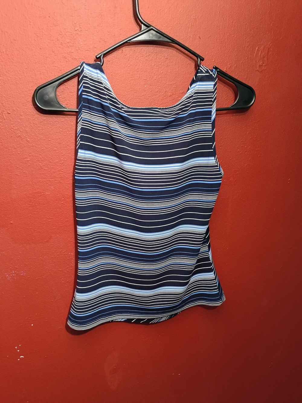Sleeveless Navy Blue Striped Cowl Neck Tank Top - Picture 5 of 6